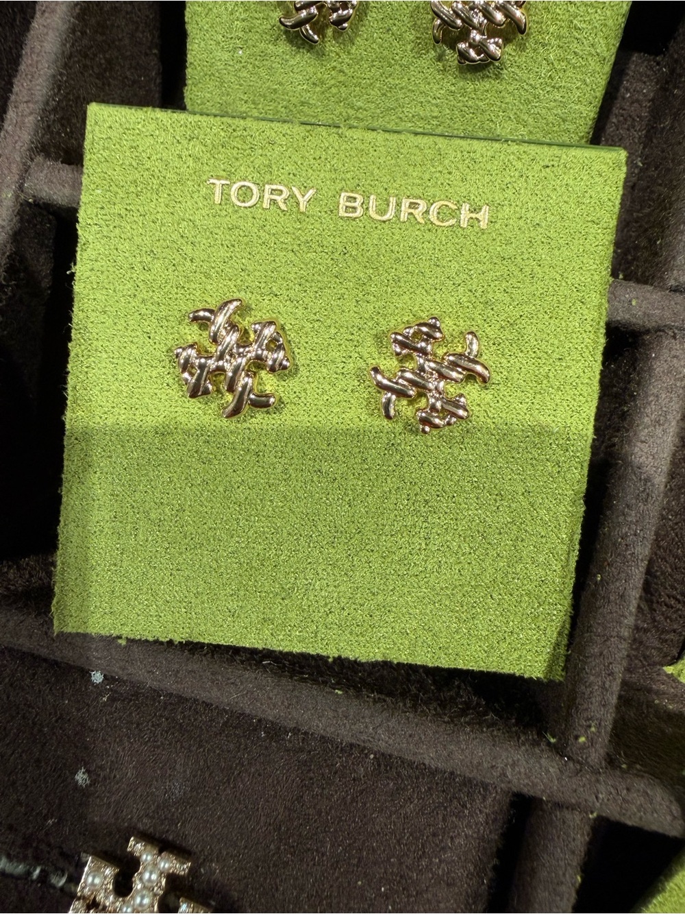 Tory Burch silver-Tone small Logo Stud Earrings textured rope new double T logo